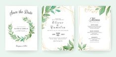 wedding cards with green leaves and gold foil