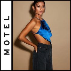 Nwt Motel Midnight Blue Satin Spense Halter Top Sz Xxl Diamond Shape Design Halterneck Straps Strappy Backless Finish Sleek, Satin Fabrication Armpit To Armpit Approx 20.5” Midnight Blue Polyester Blue Club Tops For Spring, Blue Tops For Club And Spring Season, Blue Tops For Spring Club Season, Blue Backless Party Top, Blue Backless Tops For Night Out, Chic Blue Top For Night Out, Blue Sleeveless Halter Top For Night Out, Glamorous Blue Summer Top, Blue Backless Halter Top For Party