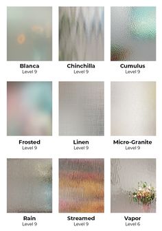 the different types of frosted glass with names and colors for each type of window