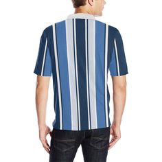 Blue Vertical Striped Men Polo Shirt, 90s Vintage Stripe Short Sleeve Polo, Gift for Men - 12.35 Oz. Personalized and stylish. - 100% polyester, comfortable and breathable. - Short-sleeve polo shirt with point collar, leisure and classic design for men. - Design features side slits and three-button closure. - Sizes: S, M, L, XL, XXL. Please calculate your size from the measurement chart below. - Machine wash: cold(max 40℃ or 104℉); Non-chlorine; Iron with cover; Do not tumble dry; In the shade. Blue Johnny Collar Polo Shirt For Summer, Fitted Blue Button-up Polo Shirt, Retro Blue Collared Top, Blue Retro Collared Tops, Blue Collared Retro Tops, Blue Retro Collared Camp Shirt, Blue Collared Retro Camp Shirt, Blue Retro Short Sleeve Polo Shirt, Retro Blue Short Sleeve Polo Shirt