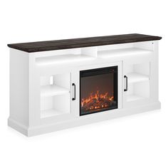 a white entertainment center with a fire place