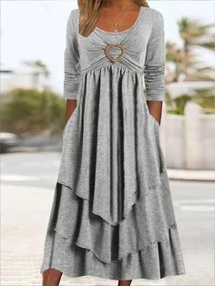 Casual Jersey Grommets Loose Dress | zolucky Cheap Gray Dresses For Fall, Cheap Gray Stretch Dresses, Loose Long Sleeve Dress, Plus Size Elegant Dresses, Layered Ruffle Dress, Robes Glamour, Long Sleeve Layer, Casual Chique, Plain Dress