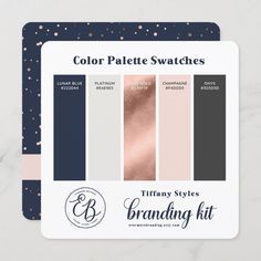 the color palette swatches are shown in shades of blue, pink and grey with gold foil