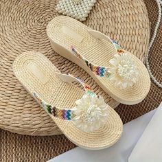 Patterned:OtherMaterial:FabricHeel Type:Platform HeelClosure:Slip-onToe Style:Split toeItem ID:NW96954 Beige Toe Post Flip Flops For Summer, Summer Vacation Wedge Heel Flip Flops, Spring Beach Wedge Heel Flip Flops, Beach Wedge Sandals In Eva For Beach Season, Beach Season Wedge Sandals In Eva, Beach Season Eva Wedge Sandals, Beige Toe Post Wedge Sandals For Beach, Beach-eva Wedge Sandals, Synthetic Toe Post Wedge Sandals For Summer