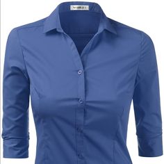 Doublju Blue Button Down 3-4 Sleeve Shirt Xl Brand New With Tags Fitted Half Sleeve Shirt With Button Closure, Blue Half Sleeve Top With Buttons, Blue Half Sleeve Blouse With Buttons, Blue Half Sleeve Blouse With Button Closure, Blue Half Sleeve Tops For Work, Blue Fitted Half-sleeve Blouse, Blue Top With Button Cuffs For Office Wear, Blue Half Sleeve Shirt For Workwear, Blue Half Sleeve Workwear Shirt