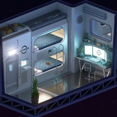 an airplane cabin with bunk beds and desks in the corner, at night time