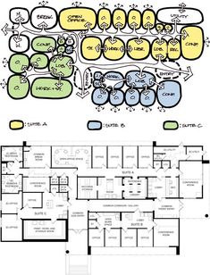 the floor plan for an office building with two floors and several rooms, all in different colors