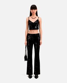 Black velvet cropped top with sequins | The Kooples - US Velvet Crop Top, The Kooples, Modern Outfits, Cropped Top, Black Velvet, Sustainable Fashion, The Black, Velvet, Crop Tops