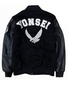 Yonsei University Black Lettermen Varsity Jacket Yonsei University Varsity Jacket, Black Varsity Jacket With Stand Collar For Spring, Black Leather Jacket With Stand Collar For Streetwear, Black Fitted Long Sleeve Varsity Jacket, Black Leather Jacket For College In Fall, Black Stand Collar Varsity Jacket For Streetwear, Black Varsity Jacket With Stand Collar For Streetwear, Black Leather Jacket For College, Black Long Sleeve Leather Jacket For College