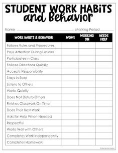 the student work habit and behavior chart is shown in this printable worksheet