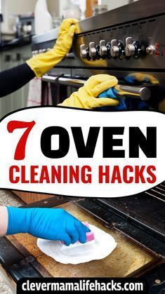 woman cleaning ovens with seven oven cleaning hacks on the front and back cover