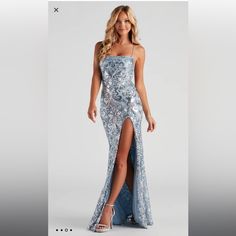 Perfect Condition, Never Worn! Silver Sequined Evening Dress For Homecoming, Elegant Silver Sequin Homecoming Dress, Glamorous Silver Evening Dress For Homecoming, Silver Fitted Evening Dress For Homecoming, Fitted Silver Evening Dress For Homecoming, Silver Fitted Homecoming Evening Dress, Windsor Dresses Prom, Sequin Mermaid Dress, Midi Prom Dress