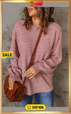 Pink Subtle Heather Knit Bishop Sleeve Sweater Long Sleeve Textured Knit Sweater, Cozy Fit Knit Outerwear With Crew Neck, Pink Knit Top For Fall, Casual Pink Knit Top For Fall, Casual Long Sleeve Textured Knit Sweater, Knitted Crew Neck Outerwear For Fall, Pink Knitted Top For Fall, Pink Knitted Fall Sweater, Casual Knitted Top For Winter