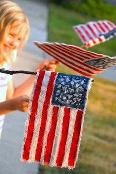 "Rag flags," for children to make...painted on canvas with tempera (could do either bright primary red and blue, or a "washed out" light red and powdery blue, depending on the effect you want), and mounted on long twigs. Wave them proudly on the 4th of July! Make Your Own Flag, Walk Ideas, Rag Flag, Flag Ideas, Flag Diy, Flag Crafts, Canvas Drop Cloths, Fourth Of July Decorations, July Ideas