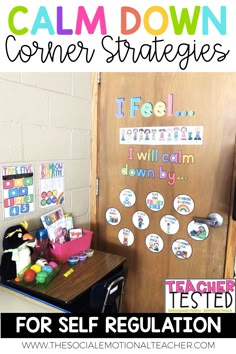 a classroom door with the words calm down on it and an image of a teacher's desk