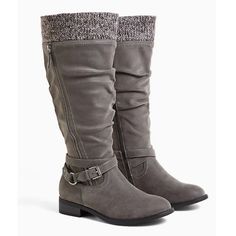 This Stylish Knee-High Boot Constructed From Faux Suede Will Complement Your Fall Ensembles. Our Unique Fit Gives You Extra Wide Width And Extra Room Around Your Whole Foot. Extra Wide Width (Ww) Almond Toe Side Goring And Zipper Adjustable Buckle Sweater Trimmed Top 1" Heel Extra Cushioned Footbed; Textured Outsole Unique Fits, Wide Width Shoes, Grey Boots, Zipper Boots, Wide Calf, Calf Boots, Biker Boot, Winter Boot, Shoe Collection