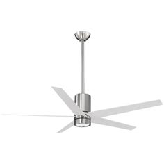 a ceiling fan that is on top of a white wall and has two blades attached to it