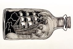 an ink drawing of a ship in a bottle