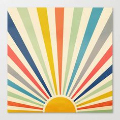 the sun is shining brightly in front of a multicolored background with stripes on it