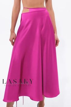 Lasaky - Elegantly Styled Satin A-Line Midi Dress with Unique Irregular Design Pink Formal Dress With Lined Skirt, Formal Pink Dress With Lined Skirt, Elegant Pink Dress With Asymmetrical Skirt, Solid Long Skirt Dress For Party, Party A-line Satin Maxi Skirt, Pink A-line Maxi Skirt For Party, Party Dress With Lined Skirt In Solid Color, Elegant Pink A-line Maxi Skirt, Skirt Skirt