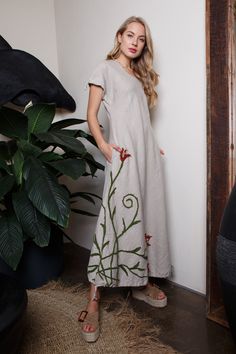 Boho style embroidered linen dress. Long floral linen dress has two pockets! This dress is made of 100% washed, natural Baltic linen (EU) GIFT - FREE SHIPPING WORLDWIDE * ENLI5 Linen - it's our family creation... for you with love... _ DESCRIPTION  - made from 100% Baltic linen - embroidered flowers on the dress - dress has two comfortable pockets  - model height is 5.7ft (174 cm.) she wears size M - handmade by ENLI5 Linen family in Lithuania (EU) - Color may vary due to different displays * WHY TO CHOOSE US? Every dress is made individually for our clients. If you need small changes in size, please write us a message and together we would find the solution. Our linen is twice washed, so it gets better shape, stylish wrinkles and  indescribable tenderness.  Do not forget that if you reall Casual Embroidered Linen Dress, Casual Beige Cotton Embroidered Dress, Linen V-neck Dress With Floral Embroidery, V-neck Linen Dress With Floral Embroidery, Floral Embroidery Linen V-neck Dress, Bohemian Embroidered Linen Dress, Embroidered Linen Bohemian Dress, Casual Linen Dress With Floral Embroidery, Spring Casual Linen Dress With Floral Embroidery