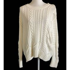 New With Tags Splendid Womens Size L Distressed Cable Knit Sweater Estimated Measurements Laying Flat Underarm To Underarm 24.5" Across Top Of Shoulder To Bottom Hem 23" Please Feel Free To Ask Questions. White Chunky Knit Top For Layering, Cozy White Pointelle Knit Top, White Cozy Open Knit Top, Trendy Cream Open Knit Sweater, Trendy White Open Knit Sweater, White Pointelle Knit Sweater, Cozy White Open Knit Top, Cozy White Open Knit Sweater, Lilac Cardigan