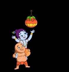 a cartoon character holding onto another character in the air with an orange ball above them