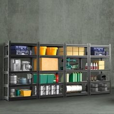 a metal shelving unit filled with lots of items