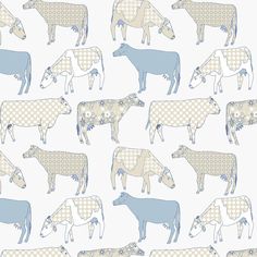 the cows are standing together on the blue and white background