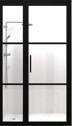 Gridscape® GS2 industrial style grid pattern shower doors are true statement pieces of the bathroom blending high style and function. This 3 panel shower enclosure features a hinged swing shower door between 2 adjacent fixed panels. FEATURING AN EXTERNAL HORIZONTAL GRID PATTERN consists of indivdual black metal Gridscape Shower Door, Industrial Shower Doors, Coastal Shower Doors, Custom Shower Doors, Framed Shower Door, Bathroom Showers, Basement Reno, Laundry Space, 4th Street