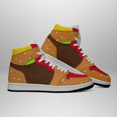 Description Step up your footwear game with these unique Burger High-Top Sneakers! Inspired by the classic hamburger, these sneakers are a playful addition to any wardrobe. The design features vibrant colors and detailed graphics resembling a juicy burger, complete with sesame seed buns, lettuce, cheese, and tomato slices. These sneakers are perfect for food lovers, sneaker enthusiasts, or anyone looking to add a quirky touch to their outfit. Made with high-quality materials for comfort and dura Retro Custom Sneakers With Boost Midsole, Retro High-top Custom Sneakers With Gum Sole, Retro Basketball Shoes With Round Toe And White Sole, Retro Custom Sneakers With Red Sole And Round Toe, Brown High-top Custom Sneakers With Red Sole, Retro High-top Sneakers With White Sole, White Retro High-top Sneakers, Retro High-top Custom Sneakers With Rubber Sole, Classic Hamburger