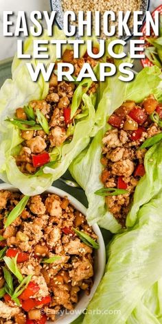 lettuce wraps with chicken and vegetables in them on a plate next to some rice