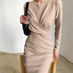 Women's round neck waist long sleeve dress FloralWhite / S | IFAUN Korean Fashion Outfits, Female Dress, French Dress, Long Sleeve Wrap Dress, Women Bodycon Dress, Elegant Party Dresses, Club Wear, Solid Color Dress, Elegant Dresses For Women