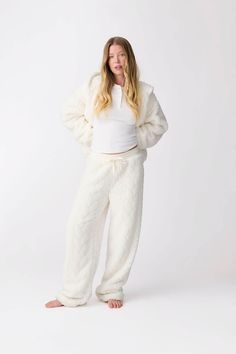 This item is Final Sale. Lounge in style with our ivory cable-texture cozy pant. It features a rib tie-waistband, side welt pockets, and straight-leg styling for ultimate in cozy comfort. Cozy Cable Knit Bottoms For Loungewear, Cozy Cable Knit Loungewear Bottoms, Cozy Fit Pants With Soft Texture, Cozy White Pants For Winter, Cozy White Winter Pants, Soft Texture Pants For Lounging In Winter, White Cozy Pants With Elastic Waistband, Cozy White Pants With Elastic Waistband, Cozy Straight Pants For Lounging