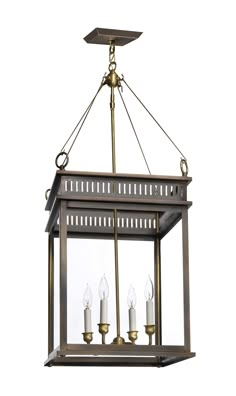 a lantern with four candles hanging from it's sides and three lights on each side