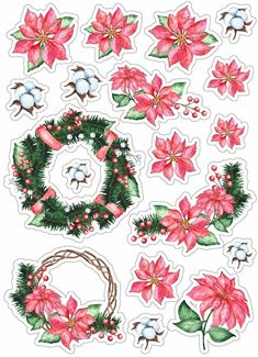 the christmas wreath and poinsettis stickers are shown in red, white and green