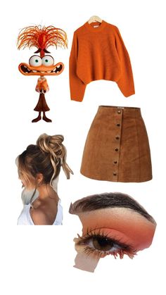 an orange sweater, brown skirt and eye makeup