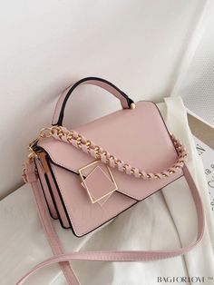 BagForLove - Compact Flap Bag with Stylish Metal and Chain Embellishments Handheld Satchel With Chain Strap For Shopping, Chain Strap Top Handle Flap Bag For Shopping, Top Handle Flap Bag With Chain Strap For Shopping, Handheld Bags With Chain Strap, Handheld Box Bag With Chain Strap For Shopping, Handheld Shopping Box Bag With Chain Strap, Pink Chain Bag For Gift, Trendy Top Handle Bag With Chain, Pink Shoulder Bag With Metal Hardware For Evening