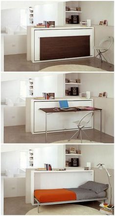 three different views of a desk with an orange chair in the middle and a white cabinet on the other side