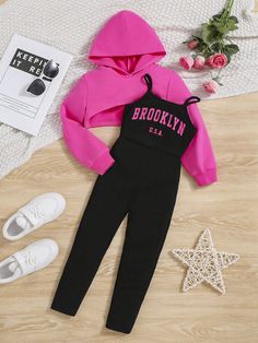 Hot Pink Casual Collar   Letter  Embellished Slight Stretch  Young Girls Clothing Pink Outfits For School Casual, Casual Leggings Outfit, Leggings Outfit Casual, Cute Formal Dresses, Cami Jumpsuit