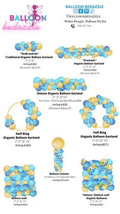 an info sheet showing the different types of balloons in blue and yellow colors, including one with