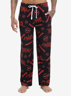 Lounge around with your favorite Merc with a Mouth with these Deadpool pajama pants. Comes with an elasticated drawstring waistband and side seam pockets.92% polyester; 8% spandexWash cold; dry lowImportedListed in men'sunisex sizesModel is 6'1"Model wears size Medium Cartoon Pajama Pants, Cutesy Outfit, Deadpool Logo, Pajamas For Girls, Deadpool Cosplay, Superhero Costumes, Pj Bottoms, Super Hero Outfits, Don't Sleep