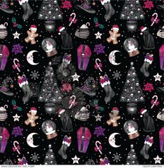 a black and purple christmas pattern with santa hats, stockings, candy canes and other decorations