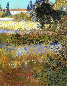 an image of a painting with flowers in the foreground and houses in the background