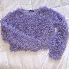 Purple Cropped Long Sleeve Eyelash Sweater. Never Worn But No Tags Zara Lavender Casual Tops, Lavender Long Sleeve Top For Party, Eyelash Sweater, Cropped Long Sleeve, Zara Sweater, Colorful Sweaters, Color Purple, Eyelashes, Scoop Neck