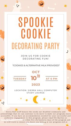 a halloween party flyer with pumpkins and ghost faces on the front, along with text that reads spookie cookie decorating party