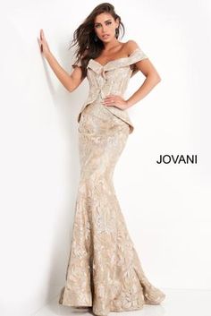 Jovani 02762 Embellished Off the Shoulder Evening Dress Dress Peplum, Peplum Gown, Gold Dresses, Off Shoulder Evening Dress, Jovani Dresses, Unique Prom Dresses, Couture Candy, Evening Dress Fashion, Pageant Dress