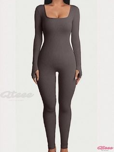 Qteee - Fitness Jumpsuit: Long-sleeved Ribbed Yoga Bodysuit with Leggings for Exercise Gray Stretch Long Sleeve Jumpsuits And Rompers, Long Sleeve Ribbed Jumpsuits And Rompers For Loungewear, Gray Stretch Long Sleeve Jumpsuit, High Stretch Ribbed Jumpsuits For Loungewear, Stretch Ribbed Jumpsuits And Rompers For Loungewear, Stretch Long Sleeve Unitard For Loungewear, Stretch Jumpsuits And Rompers With Thumbholes, Winter Stretch Jumpsuits And Rompers In Solid Color, Fitted Ribbed Jumpsuits And Rompers For Loungewear