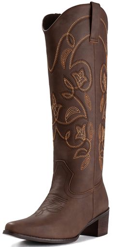 PRICES MAY VARY. 【Cowgirl Boots Style】:The 2.0 inches western wooden heel and classic western embroidery design showcase a classic but elegant western style. 【Comfortable Design】:The padded lining is soft and smooth & the latex insole is cushioned & supportive, providing comfort and warmth. 【Quality Synthetic Leathers】:Compared to leather，the uppers of our cowboy boots are more breathable and softer and looks the same 【Suitable Most Occasions】: These cowboy boots are perfect for pairing with jea Brown Cowgirl Boots, Cowboy Boots For Women, Western Embroidery, Boots Mid Calf, Boots Cowgirl, Style Comfortable, Boots Style, Western Boots Women, Comfortable Design