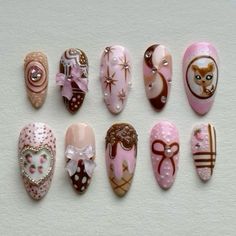 Pink & Brown, Brown Kawaii Nails, Paint Nails Ideas, Brown And Pink Nails, Pink And Brown Nails, Deer Nails, Nail Art Noel, Kawaii Nail Art